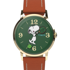 Peanuts&reg; x Timex Marlin&reg; Hand-Wound Snoopy Tennis 34mm Leather Strap Watch