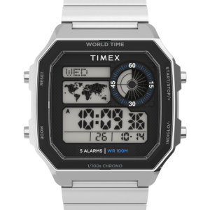 World Time Digital 40mm Stainless Steel Bracelet Watch